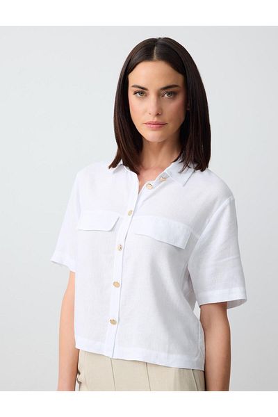Jimmy Key White Short Sleeve Linen Blend Shirt with Pocket Detail