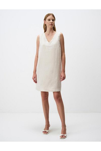 Jimmy Key Stone 100% Linen Sleeveless V-Neck Basic Dress