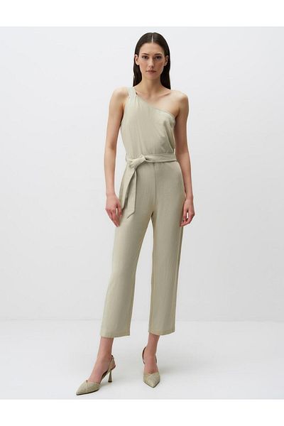 Jimmy Key Linen Jumpsuit - One Shoulder and Belted Stone Color