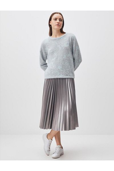 Jimmy Key Silver High Waist Pleated Shiny Midi Skirt