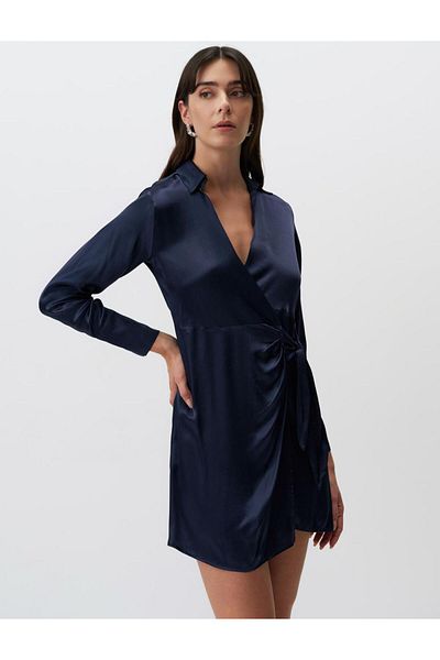 Jimmy Key Rochie din satin cu mâneci lungi bleumarin cu decolteu dublu