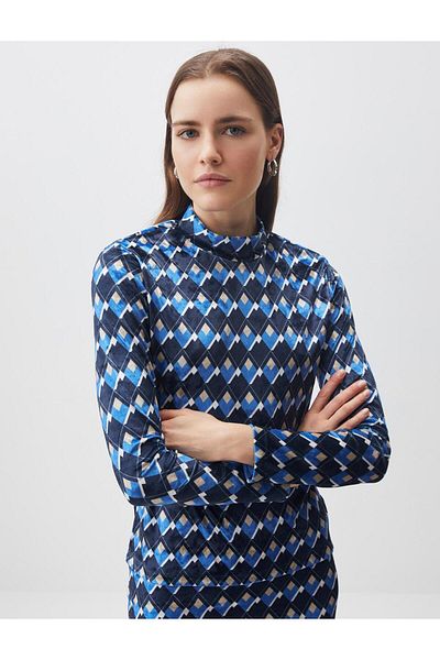 Jimmy Key Mixed Turtleneck Geometric Patterned Velvet Blouse