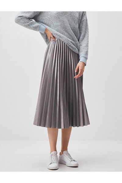 Jimmy Key Silver High Waist Pleated Shiny Midi Skirt
