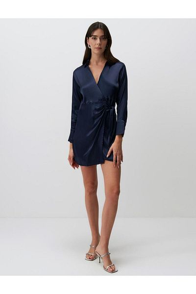 Jimmy Key Rochie din satin cu mâneci lungi bleumarin cu decolteu dublu