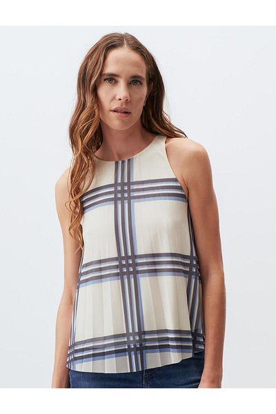 Jimmy Key Ecru Sleeveless Plaid Patterned Pleated Blouse