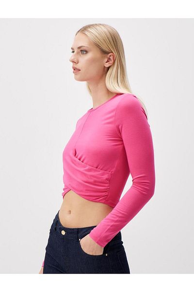 Jimmy Key Pink Long Sleeve Crew Neck Crop Blouse