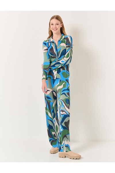Jimmy Key Mixed High Waist Wide Leg Abstract Patterned Trousers