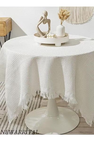 Generic Checkered Pattern Tassel Cotton Linen Table Cloth For Dining Room And Kitchen 130CM