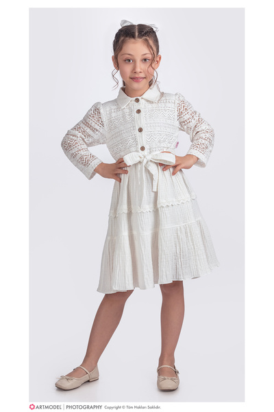 Pina Kids Kız Çocuk Uzun Kollu Gupürlü Kuşaklı Düğmeli Elbise ELB.2699Y