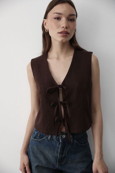 JASTE Women's Brown Tie-Up Linen Vest