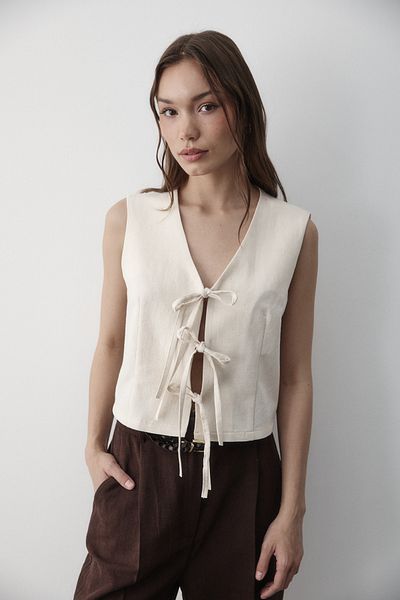 JASTE Women's Natural Tie-Up Linen Vest
