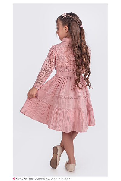 Pina Kids Kız Çocuk Uzun Kollu Gupürlü Kuşaklı Düğmeli Elbise ELB.2699Y
