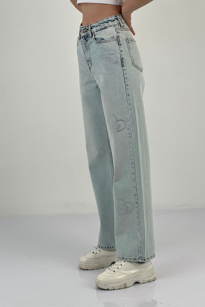 Miss Poem Blugi largi de damă cu picioare largi, pantaloni de denim albastru de gheață