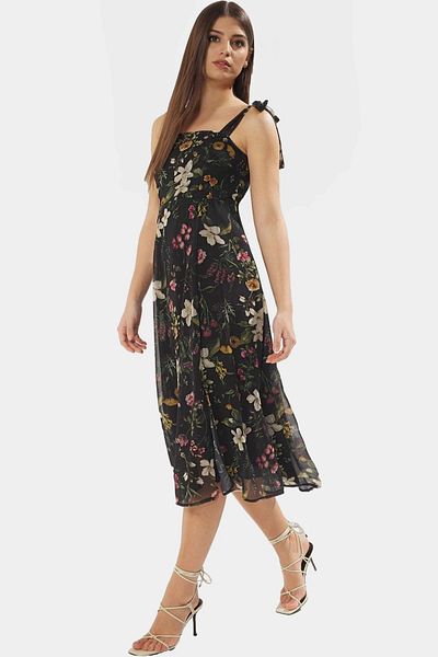 PayBuy Chiffon Lined Midi Length a Line Patterned Square Neck Dress Long Lasting Durable Material