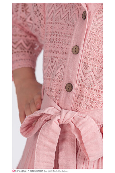 Pina Kids Kız Çocuk Uzun Kollu Gupürlü Kuşaklı Düğmeli Elbise ELB.2699Y