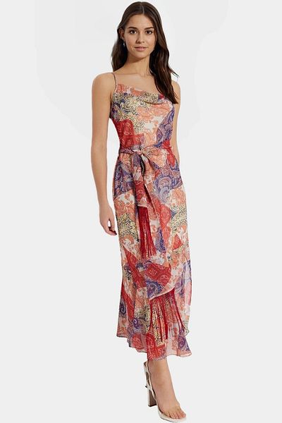 PayBuy Maxi Chiffon Dress Ethnic Pattern a Line Cut Belted Professional Appearance Distinguished Material