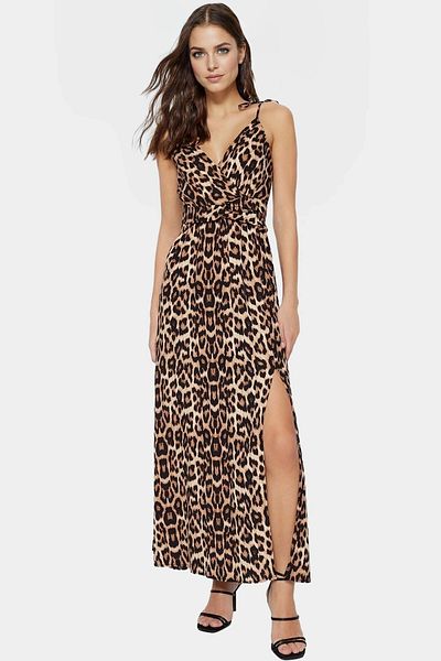 PayBuy Maxi Leopard Patterned a Line Viscose Dress Slit Detail Casual Elegance Distinguished Material