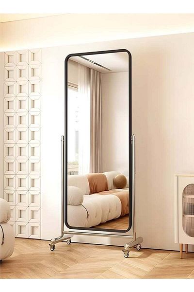 Taimi Large Mirror With Elegant Design 160 X 60 Cm - Full Length Mirror With Wheels And Black Steel Frame