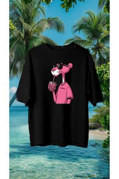 İnazuma Outdoors تيشيرت أسود مطبوع بنقشة النمر الوردي الفقاعي، مقاس كبير للجن...