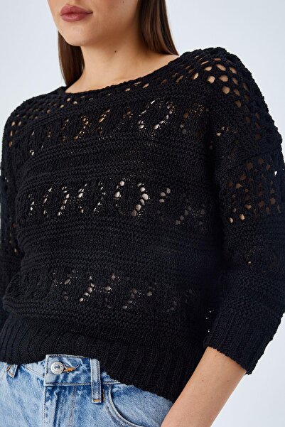 Mixray 6859 Women's Boat Neck Openwork Seasonal Knitwear Sweater Black
