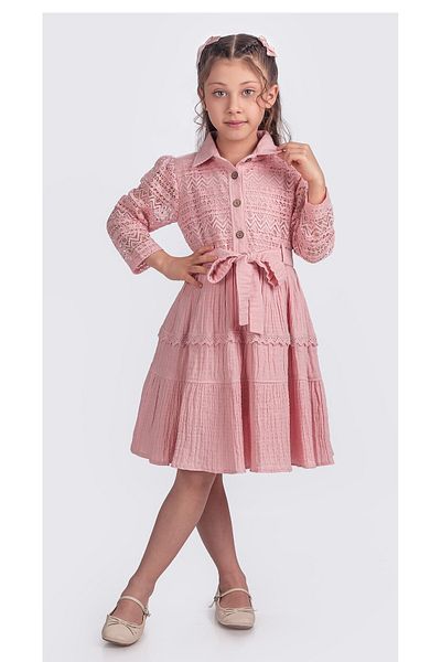 Pina Kids Rochie pentru fete cu mânecă lungă cu curea cu dantelă ELB.2699Y