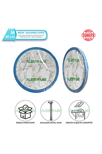 Alesta Life 80 Cm Çap - Beyaz Desenli Katlanabilir Yer Sofrası Hamur Açma Tahtası Oyun Masası - 21 Cm Yükseklik