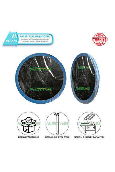 Alesta Life 80 Cm Çap - Siyah Desenli Katlanabilir Yer Sofrası Hamur Açma Tahtası Oyun Masası - 21 Cm Yükseklik