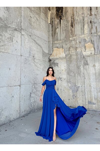 bella istanbul Alice Madonna Yaka İp Askılı Yırtmaçlı Abiye