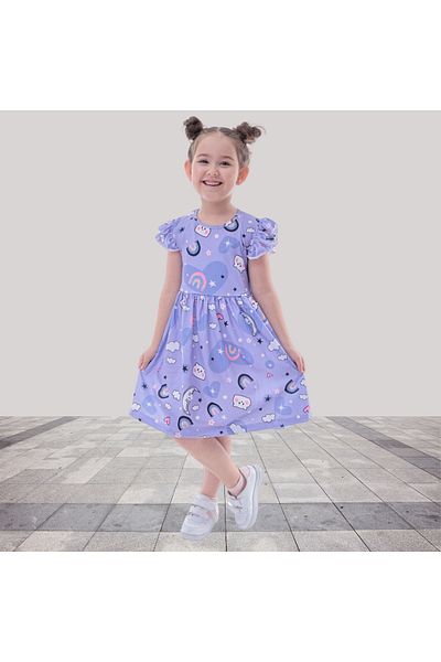 Fox Moda Rochie pentru fetiță cu imprimeu de culoare violet cu mâneci