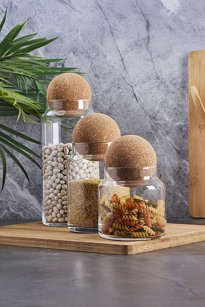 Perotti Sughero Set of 3 - Glass Jar and Spice Bowl with Ball Mushroom Lid Fma 078090   Fma 023326