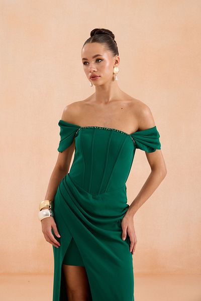 Carmen Emerald Back Tie Crepe Evening Dress