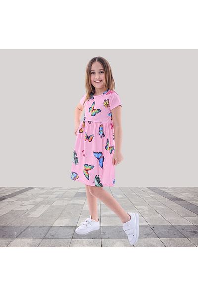 Fox Moda Butterfly Printed Girl's Dress with Sleeves