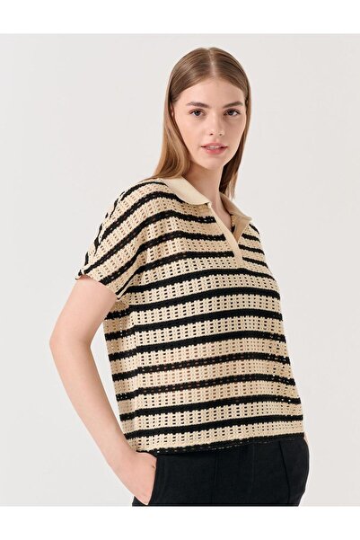 Jimmy Key Stone Polo Neck Stripe Patterned Openwork T-Shirt