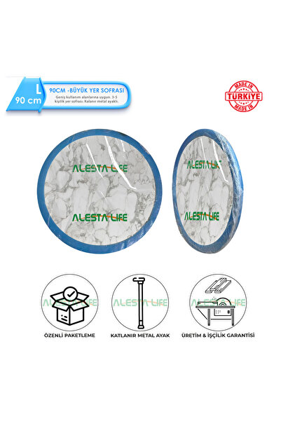 Alesta Life 90 Cm Çap - Beyaz Desenli Katlanabilir Yer Sofrası - Oyun Masası - 21 Cm Yükseklik