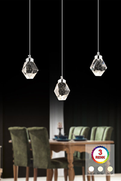 İstanbul Avize İstanbul Avize Kabarcıklı Yemek Masası Liya 3'lü Gümüş Kumandalı 3 Renk Ledli Modern Led Avize