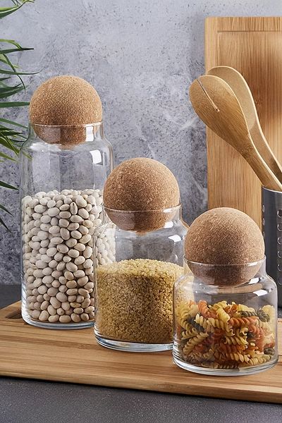 Perotti Sughero Set of 3 - Glass Jar and Spice Bowl with Ball Mushroom Lid Fma 078090   Fma 023326