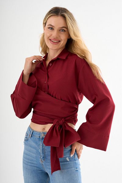 Cistern İstanbul Women's Burgundy Belt Detailed Tie-Up Shirt