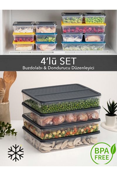 netteucuzluk Anthracite 4-Piece Refrigerator Organizer - 2400ml, Suitable for Microwave and Freeze, Refrigerator Storage Container