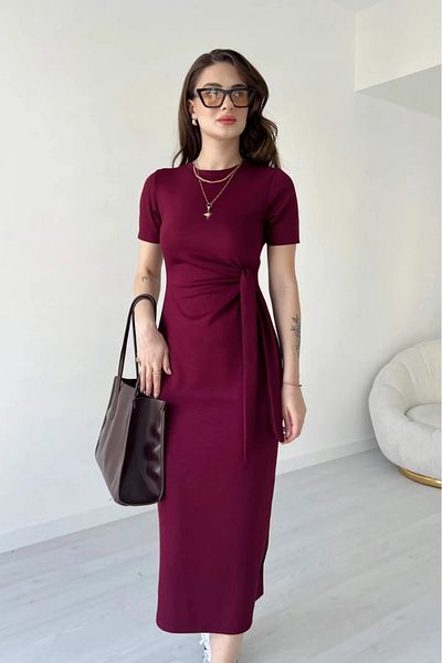 TrendyFashion Rochie de damă din țesătură modal burgundă cu detaliu de legare laterală Av Anzav 1574