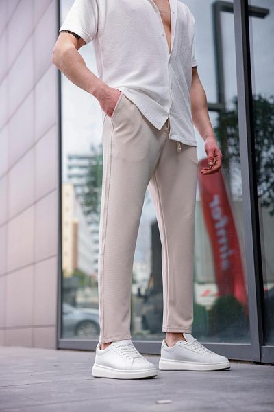 Pobudo Men's Beige Color Lycra Fabric Jogger Pants