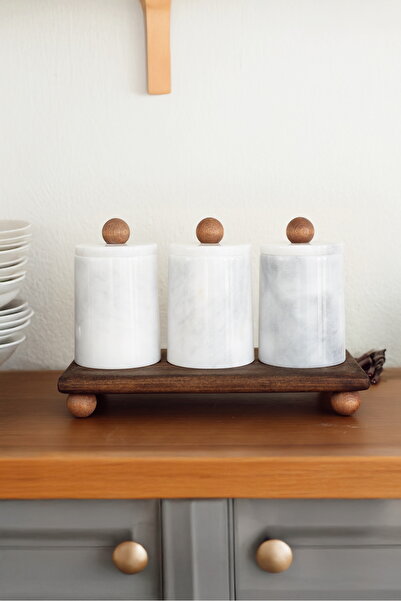 Akayev 3-Piece Spice Rack with Marble White Wooden Handles and Stand