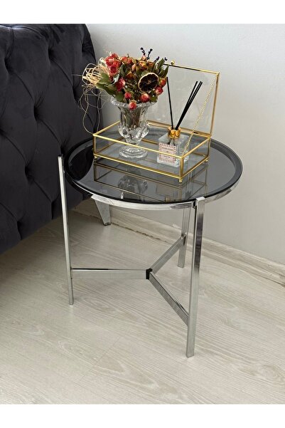 AssuCass Metal Camlı Yan Sehpa Gümüş - Füme