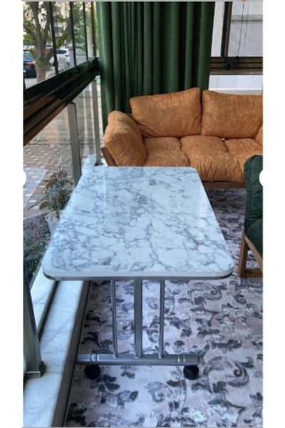 Ejder metal Ejdermetal Beyaz Mermer Desenli Tekerlekli Orta Sehpa Metal Ayakl...