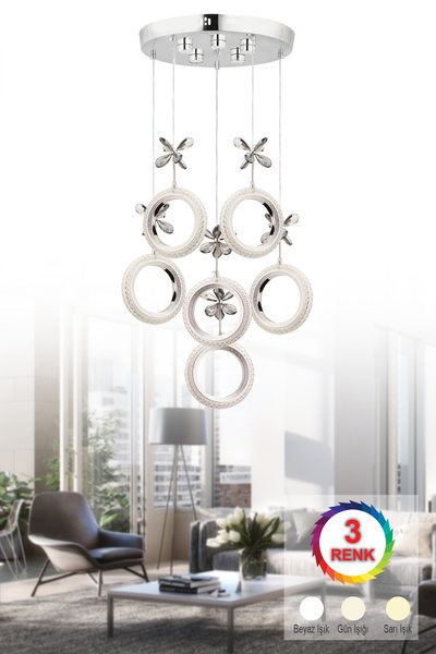İstanbul Avize Halka 6'lı Gümüş Kumandalı 3 Renk Led Lüx Ledli Avize