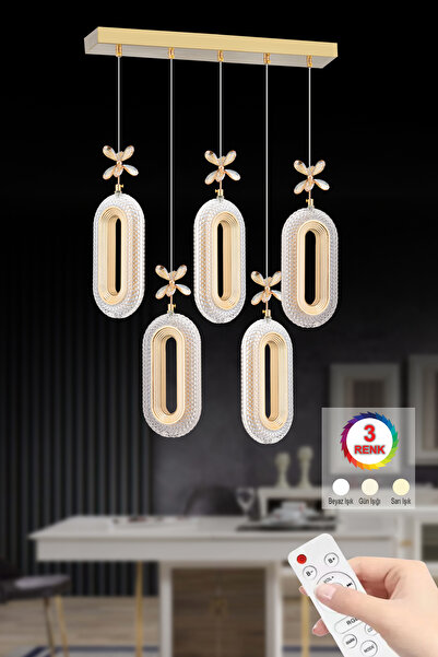 İstanbul Avize Led Alfa 5'li Sıralı Gold 3 Renk Ledli Kumandalı Yemek Masası ...