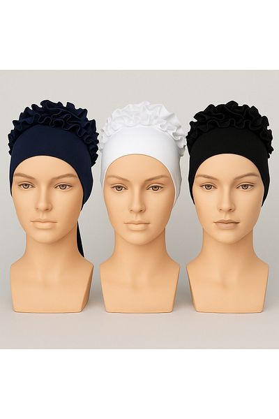 BEYAZ DÜŞ 3 Pieces Frilly Hijab Bonnet Black White Navy Blue