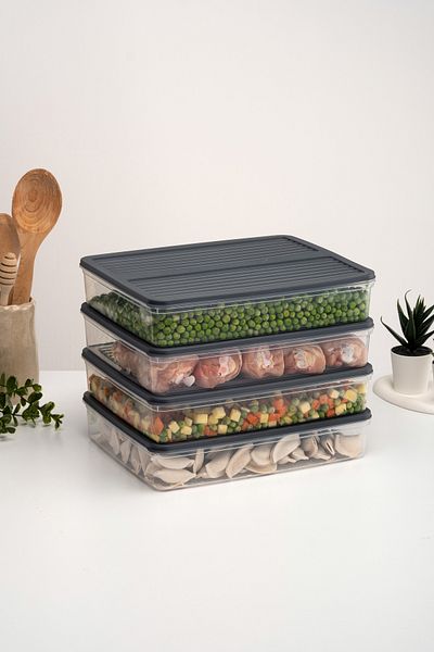 netteucuzluk Anthracite 4-Piece Refrigerator Organizer - 2400ml, Suitable for Microwave and Freeze, Refrigerator Storage Container