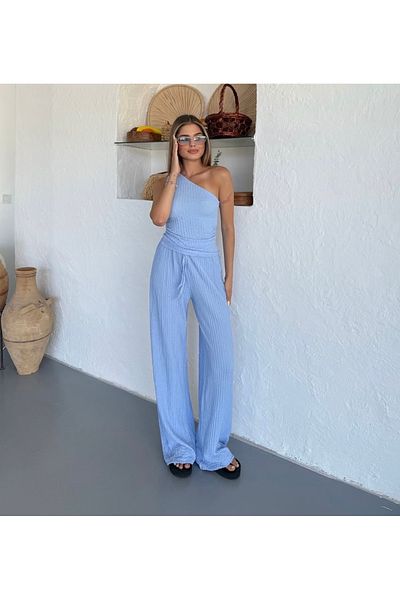 Elysira Single Sleeve Women's Seersucker Pants-Blouse Set