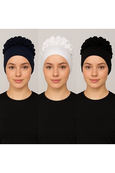 BEYAZ DÜŞ 3 Pieces Frilly Hijab Bonnet Black White Navy Blue