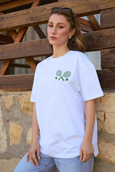 Velvoria تي شيرت أبيض اللون مريح للتنس مقاس كبير للجنسين